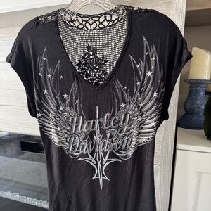 Women's Harley Davidson Bling V-Neck Shirt HT45009BLK-MD